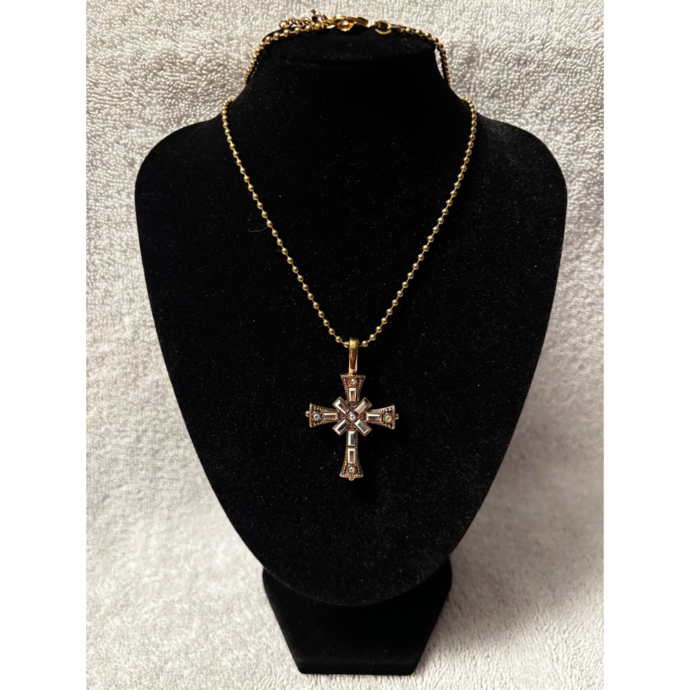 Vintage Gold Tone Crystal Cross Pendant Necklace Adjustable Ball Chain‎ Gothic